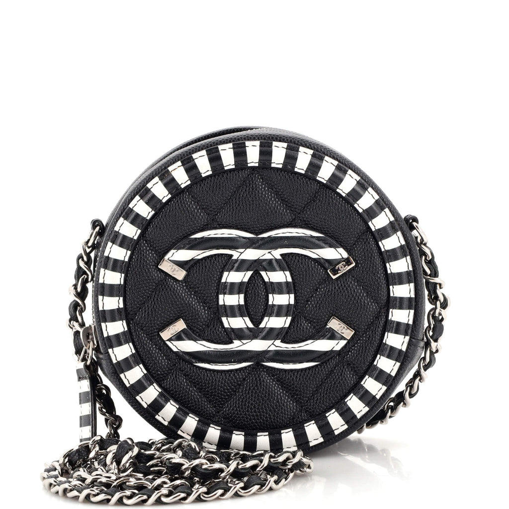 Chanel Filigree Round Clutch with Chain Quilted Caviar Mini Black