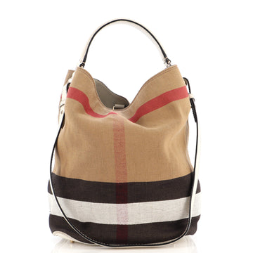 Burberry Ashby Drawstring Bag House Check Canvas with Leather Large