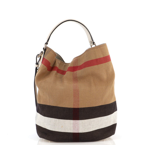 Burberry Ashby Drawstring Bag House Check Canvas with Leather Large ...