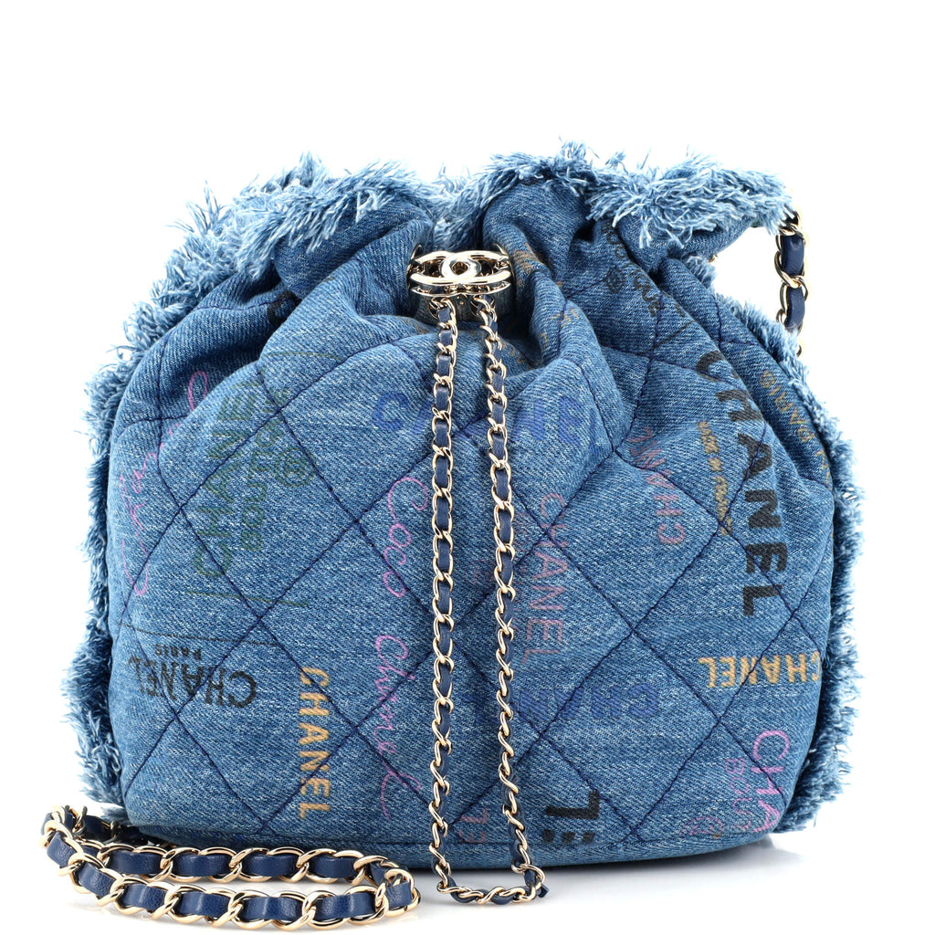 Chanel Denim Mood Chain Bucket Bag Logo Printed Quilted Fringe Denim Medium  Blue 2257461