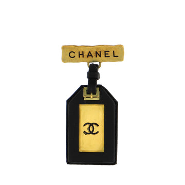 Chanel Vintage Logo CC Luggage Tag Brooch Metal and Leather