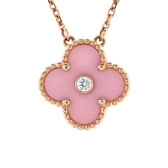Van Cleef & Arpels Vintage Alhambra Pendant Necklace 18K Rose Gold and Pink Sevres Porcelain with Diamond