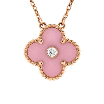 Van Cleef & Arpels Vintage Alhambra Pendant Necklace 18K Rose Gold and Pink Sevres Porcelain with Diamond