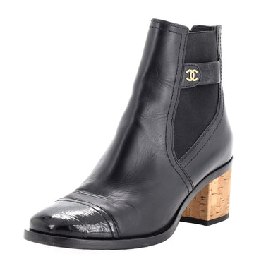 Chanel Women's CC Cap Toe Ankle Boots Leather with Patent and Cork