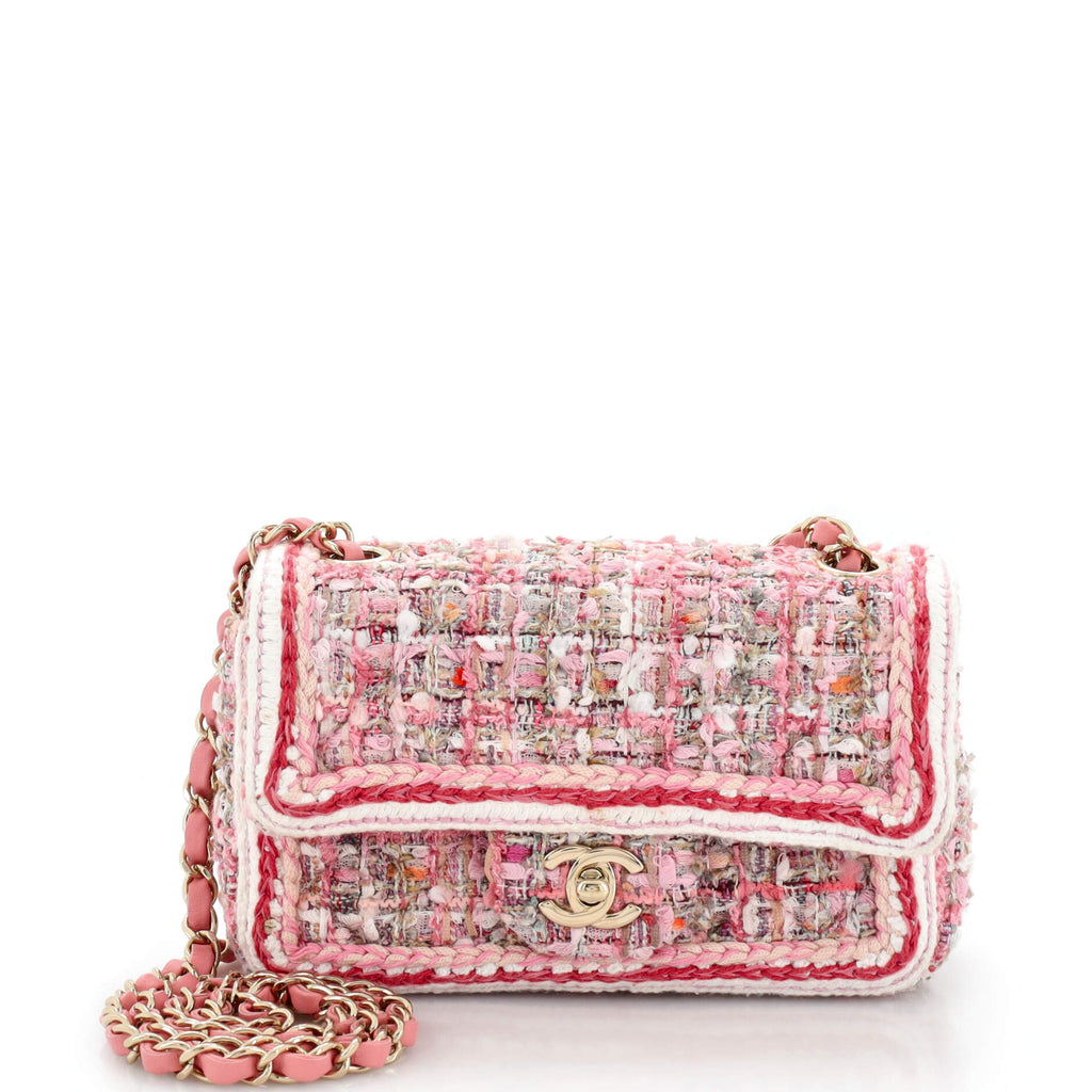 Chanel Classic Single Flap Bag Braided Quilted Tweed Mini Pink 2258751