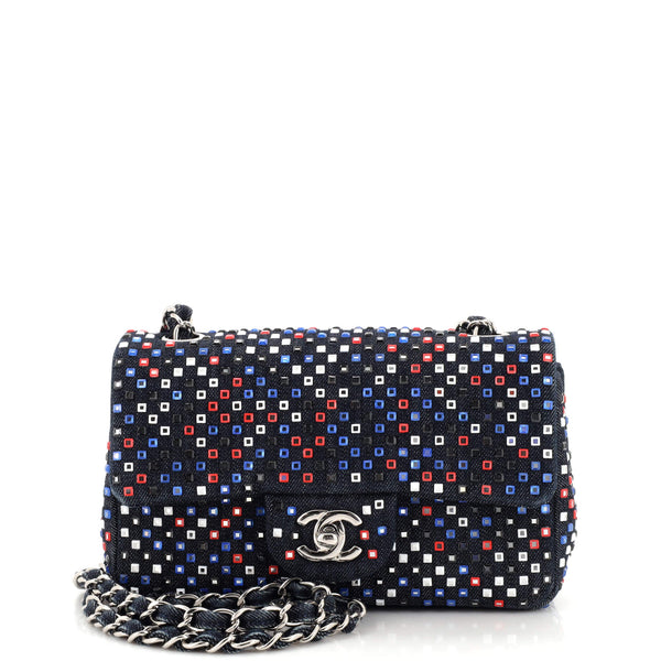 Chanel Classic Double Flap Bag Strass Embellished Denim Mini Blue