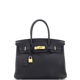 Hermes Birkin Handbag Black Clemence with Gold Hardware 30