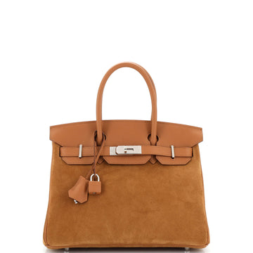 Hermes Grizzly Birkin Handbag Brown Doblis Suede with Swift with Palladium Hardware 30