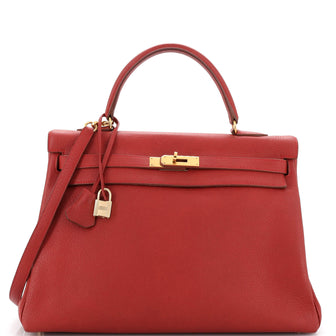 Hermes Kelly Handbag Red Clemence with Gold Hardware 35