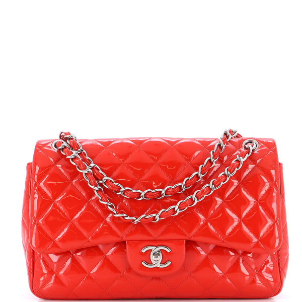 Chanel Classic Double Flap Bag Quilted Patent Jumbo Red