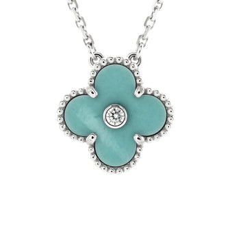Van Cleef & Arpels Vintage Alhambra Pendant Necklace 18K White Gold and Green Celadon Sevres Porcelain with Diamond