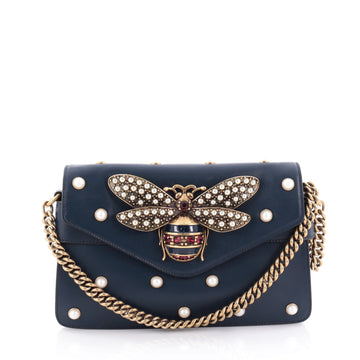 Gucci Broadway Pearly Bee Shoulder Bag Embellished Leather Mini Blue 2261808