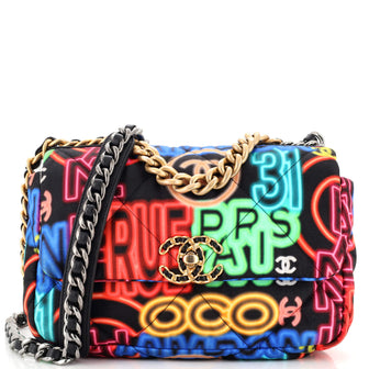 Chanel 19 Flap Bag Quilted Graffiti Print Fabric Medium
