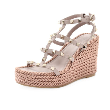 Valentino Garavani Women's Rockstud Caged Wedge Sandals Leather with Rope Detail