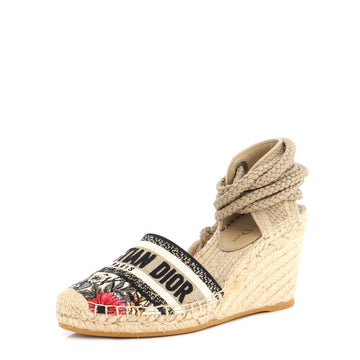 Christian Dior Women's Granville Ankle Tie Wedge Espadrilles Embroidered Canvas