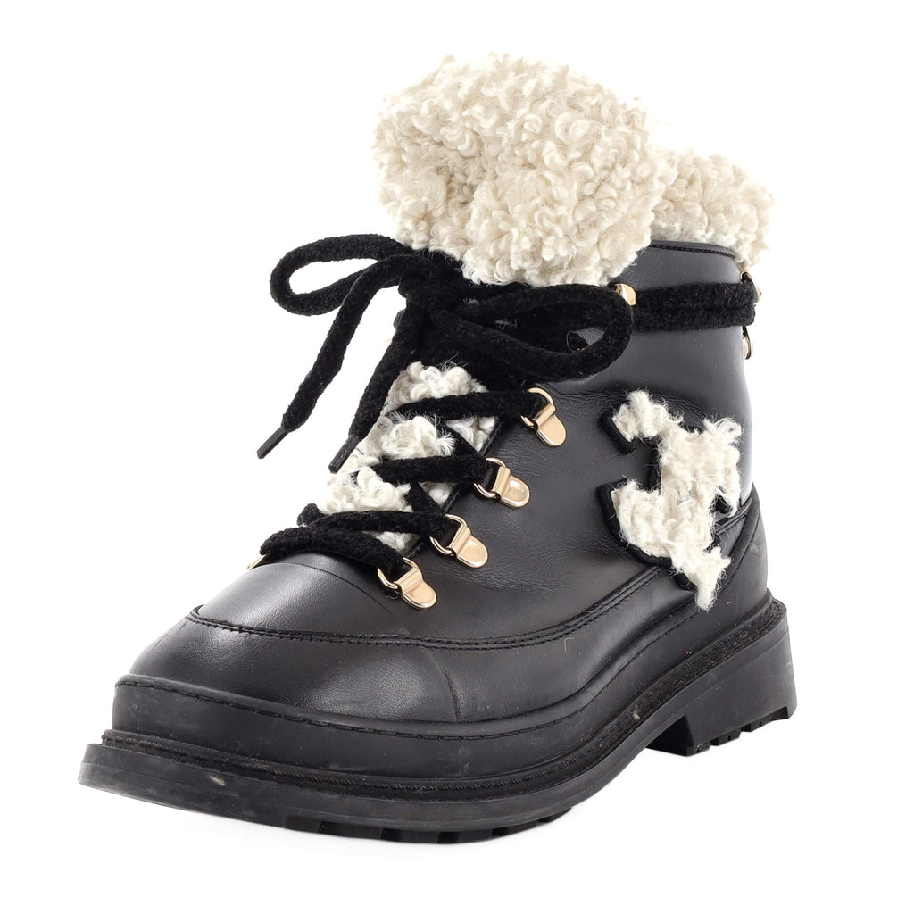 Chanel Women's CC Lace-Up Winter Boots Leather and Shearling Black 2295491