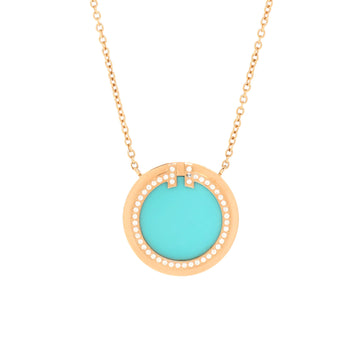 Tiffany & Co. T Circle Pendant Necklace 18K Rose Gold with Turquoise and Diamonds Large