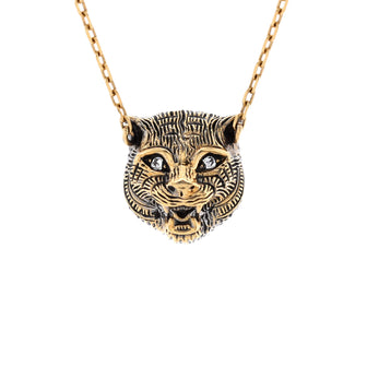 Gucci Le Marche Des Merveilles Feline Head Pendant Necklace 18K Yellow Gold with Turquoise and Diamonds