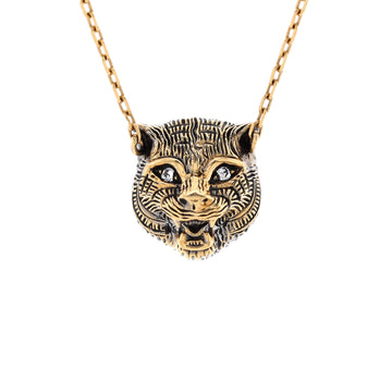 Gucci Le Marche Des Merveilles Feline Head Pendant Necklace 18K Yellow Gold with Turquoise and Diamonds