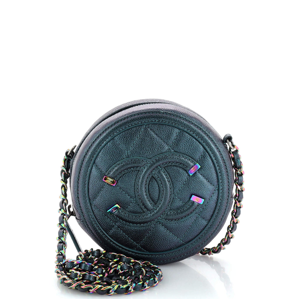 Chanel Filigree Round Clutch with Chain Quilted Iridescent Caviar