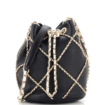 Entwined Chain Drawstring Bucket Bag Quilted Lambskin Mini