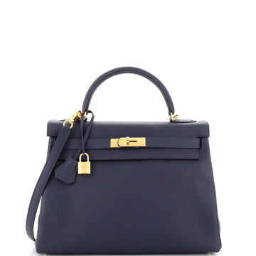 Hermes Kelly Handbag Blue Togo with Gold Hardware 32