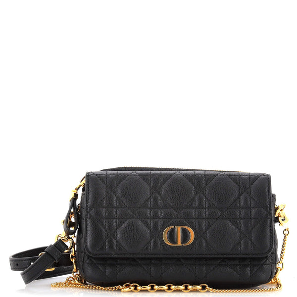 Christian Dior Caro Flap Double Pouch Crossbody Bag Cannage Quilt Calfskin  Black 22650938