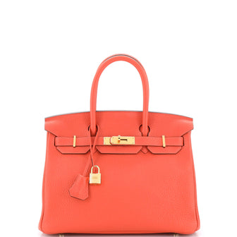 Hermes Birkin Handbag Red Clemence with Gold Hardware 30