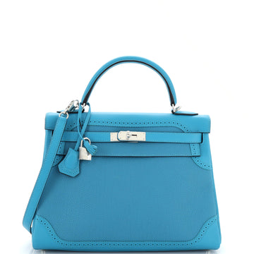 Hermes Kelly Ghillies Handbag Blue Togo and Swift with Palladium Hardware 32