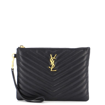 Saint Laurent Classic Monogram Wristlet Pouch Matelasse Chevron Leather Small