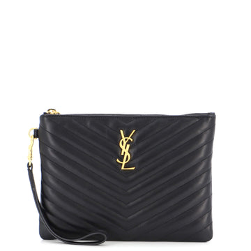 Saint Laurent Classic Monogram Wristlet Pouch Matelasse Chevron Leather Small