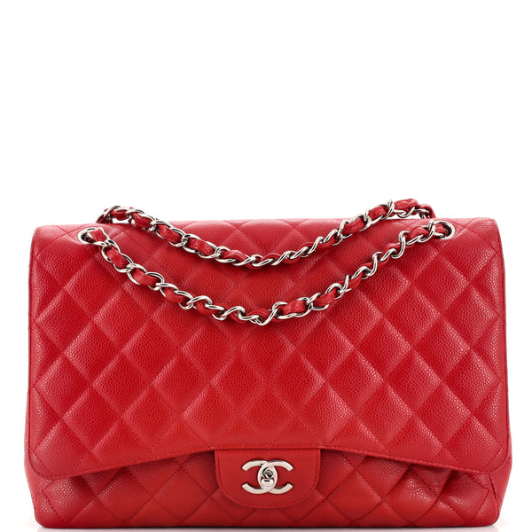 Chanel Vintage Classic Single Flap Bag Quilted Caviar Maxi Red