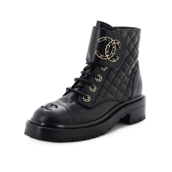 Women's Chain CC Cap Toe Lace Up Combat Boots Quilted Shiny Calfskin