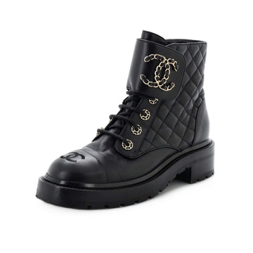 Chanel Women's Chain CC Cap Toe Lace Up Combat Boots Quilted Shiny Calfskin