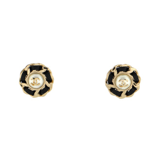 Chanel CC Round Chain Clip-On Earrings Faux Pearl and Metal with Leather