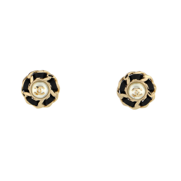 Chanel CC Round Chain Clip-On Earrings Faux Pearl/Leather/Metal