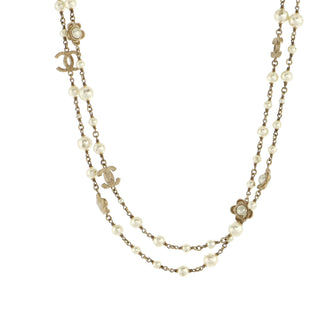 Chanel CC Flower Long Necklace Metal with Faux Pearls and Crystals