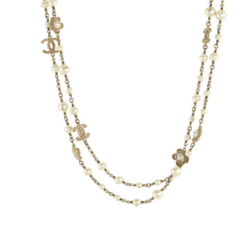 Chanel CC Flower Long Necklace Metal with Faux Pearls and Crystals