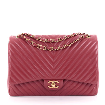 Chanel Classic Double Flap Bag Chevron Lambskin Maxi Red