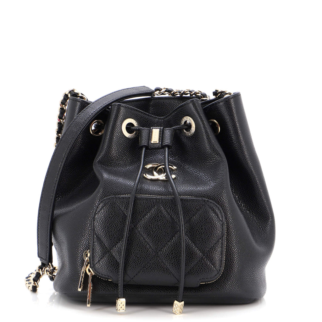 Chanel Black Quilted Caviar Micro Drawstring Bucket Bag With Chain