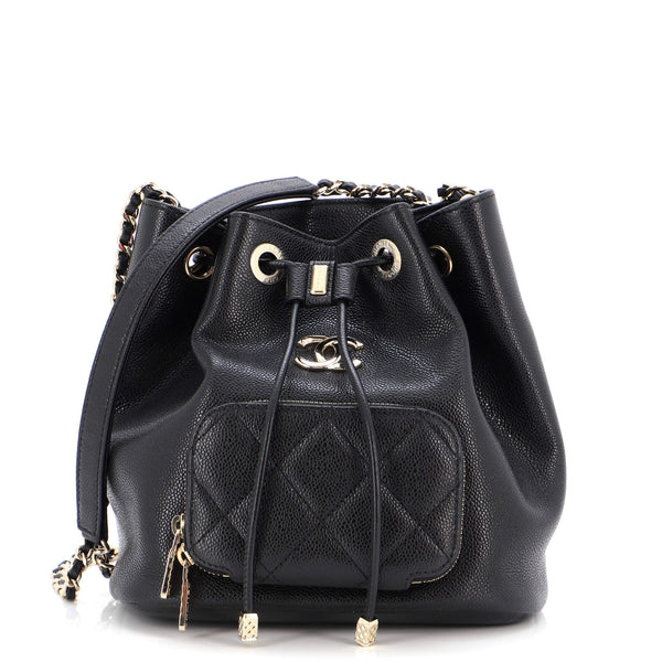 Business Affinity Drawstring Bucket Bag Quilted Caviar Small
