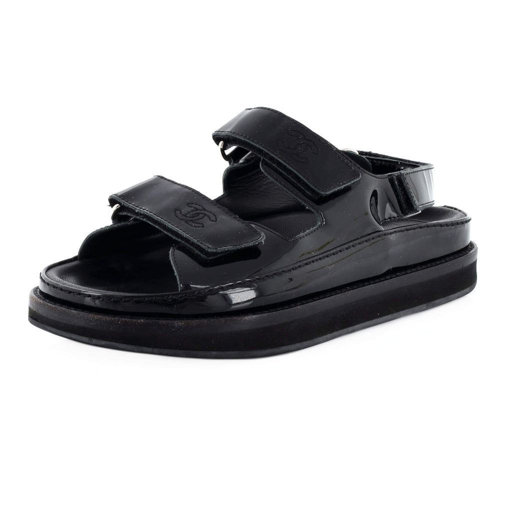 Chanel Women's Velcro Dad Sandals Patent Black 2268833