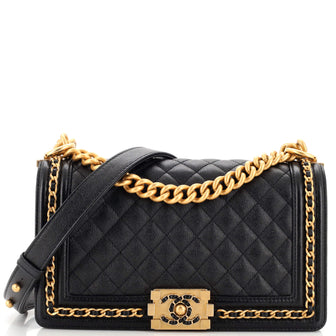 Chanel Chain Around Boy Flap Bag Quilted Caviar Old Medium Black