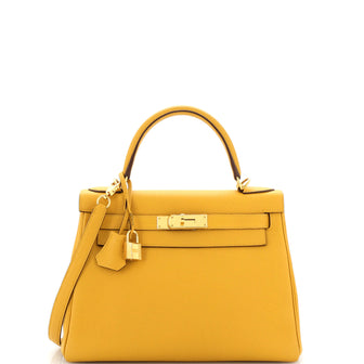 Hermes Kelly Handbag Yellow Clemence with Gold Hardware 28