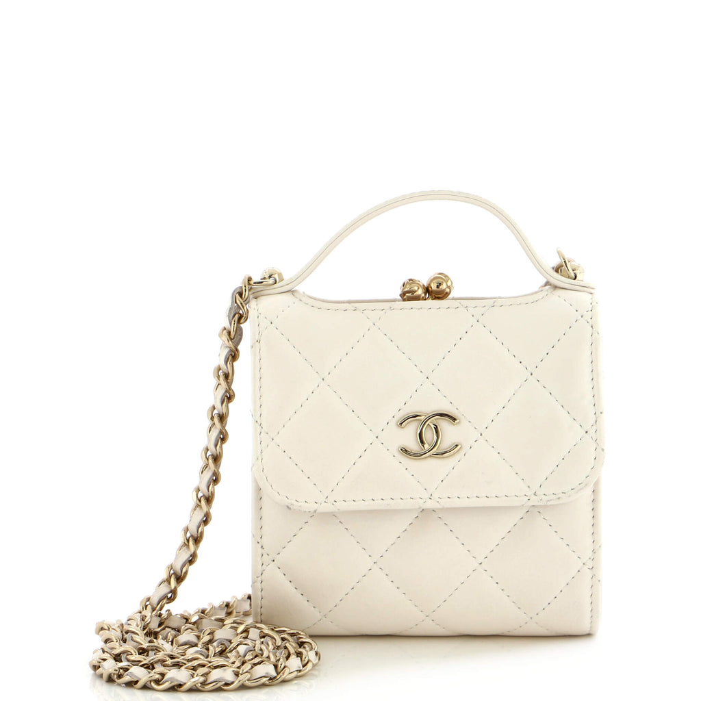 Chanel CC Kisslock Frame Top Handle Clutch with Chain Quilted Lambskin Mini  White 22695718