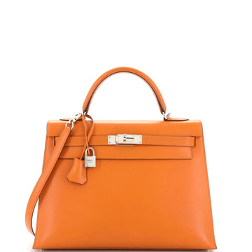 Hermes Kelly Handbag Orange Box Calf with Palladium Hardware 32