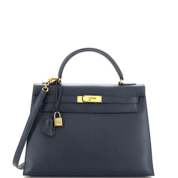 Hermes Kelly Handbag Blue Courchevel with Gold Hardware 32