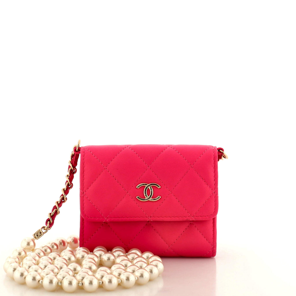 Chanel About Pearls Flap Card Holder with Chain Quilted Calfskin Pink  2270161