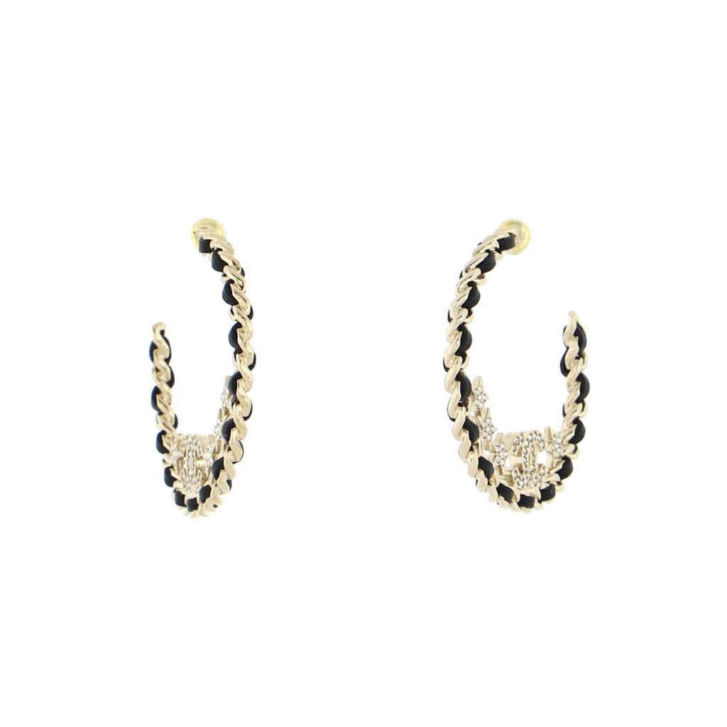 Chanel CC Chain Hoops, Metal/Leather, Black/Gold - Laulay Luxury