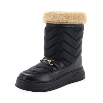 Gucci Men's Horsebit Cold Weather Flat Boots Matelasse Nylon and Leather with Shearling